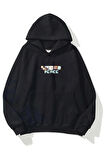 Unisex Peace Baskılı Oversize Kapüşonlu Siyah Sweatshirt