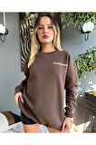 Unisex Anesthesia Baskılı Oversize Kahverengi Bisiklet Yaka Sweatshirt