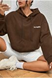 Unisex Los Angeles Baskılı Oversize Kapüşonlu Kahverengi Sweatshirt