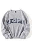 Unisex Michigan Baskılı Oversize Gri Bisiklet Yaka Sweatshirt