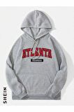 Unisex Atlanta Georgia Baskılı Oversize Kapüşonlu Gri Sweatshirt