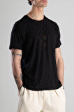 Jakarlı Siyah Örme T-Shirt