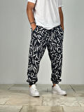 Siyah Beyaz Grafiti Desenli Jogger
