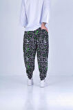 Sosyal Desenli Pileli Jogger