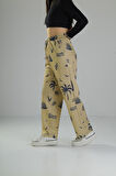 Ağaç Desenli Sarı Baggy Pantolon