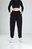 Pileli Siyah Jogger Pantolon