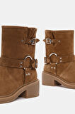 Rock Kadın Camel Metalik Toka Detaylı Süet Deri Bot
