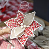 Yapay Kazayağı Desenli Jüt Detaylı Ponsetya Kırmızı Krem 25 cm