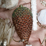 Yılbaşı Süsü Yeşil Simli Kozalak Bronz 12 cm