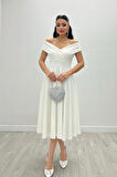 Kayık Yaka Midi Elbise - BEYAZ