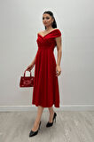 Kayık Yaka Midi Elbise - Kırmızı