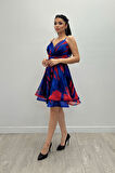 Organze Sifon Kumaş Desenli Mini Elbise - SAKS MAVİ