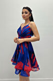 Organze Sifon Kumaş Desenli Mini Elbise - SAKS MAVİ