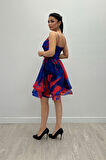 Organze Sifon Kumaş Desenli Mini Elbise - SAKS MAVİ