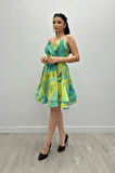Organze Sifon Kumaş Desenli Mini Elbise - MİNT YEŞİLİ