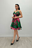 Organze Sifon Kumaş Desenli Mini Elbise - YEŞİL