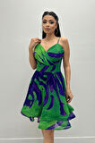 Organze Sifon Kumaş Desenli Mini Elbise - MOR