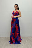 Organze Sifon Kumaş Desenli Maxi Elbise - SAKS MAVİ