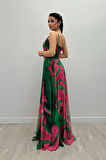 Organze Sifon Kumaş Desenli Maxi Elbise - YEŞİL