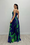 Organze Sifon Kumaş Desenli Maxi Elbise - MOR