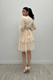 Sifon Kumaş Kruvaze Yaka Mini Elbise - KREM