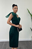 Saten Kumaş Straplez Tül Detaylı Kalem Elbise - ZÜMRÜT YEŞİL