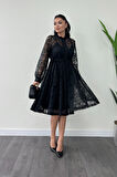 Dantel Kumaş Düğme Detaylı Mini Elbise - SİYAH