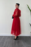 Tül Kumaş Kruvaze Yaka Taş Kemer Detaylı Elbise - KIRMIZI