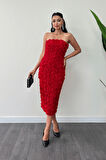 Üç Boyutlu Kumaş Bolero Detaylı Kalem Elbise - KIRMIZI