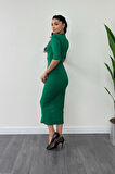 Krep Kumaş İnci Detaylı Kalem Elbise - YEŞİL