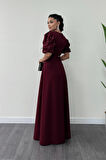 İthal Krep Kumaş Balon Kol İnci Detaylı Maxi Elbise - BORDO