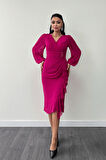 Şifon Kumaş Volan Detaylı Kalem Elbise - FUŞYA