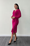 Şifon Kumaş Volan Detaylı Kalem Elbise - FUŞYA
