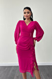 Şifon Kumaş Volan Detaylı Kalem Elbise - FUŞYA