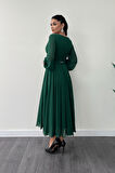 Şifon Kumaş Kemer Detaylı Midi Elbise - ZÜMRÜT YEŞİL