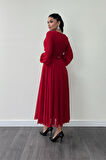 Şifon Kumaş Kemer Detaylı Midi Elbise - KIRMIZI