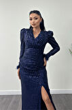 Pul Payet Kumaş Otriş Detaylı Abiye Elbise - LACİVERT