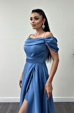 Saten Kumaş Büzgülü Askılı Abiye Elbise - İNDİGO MAVİ