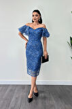 İşleme Dantel Kumaş Kayık Yaka Kalem Elbise - İNDİGO MAVİ