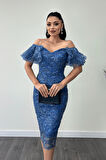 İşleme Dantel Kumaş Kayık Yaka Kalem Elbise - İNDİGO MAVİ