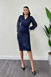 Saçaklı Pul Payet Kumaş Kalem Elbise - LACİVERT