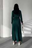 Pliseli Kuşaklı Elbise - ZÜMRÜT YEŞİL