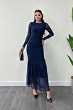 Tül Kumaş Büzgü Detaylı Kalem Elbise - LACİVERT