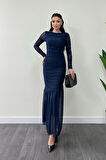 Tül Kumaş Büzgü Detaylı Kalem Elbise - LACİVERT