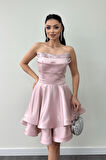 Saten Kumaş Payet Detaylı Straplez Mini Elbise - PUDRA