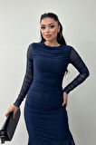 Tül Kumaş Büzgü Detaylı Kalem Elbise - LACİVERT