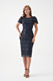 Full Boncuklu Kalem Elbise - LACİVERT