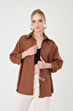 Tek Cepli Oversize Keten Gömlek- Kahverengi