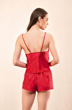 Kırmızı Saten Dantel Detaylı Askılı Şortlu Takım