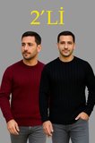 Erkek Fitilli Triko Kazak 2’li Set – Siyah  Bordo, Kalın Dokuma Pamuklu Regular Fit Bisiklet Yaka Uzun Kollu Rahat Kışlık Kazak Kombini